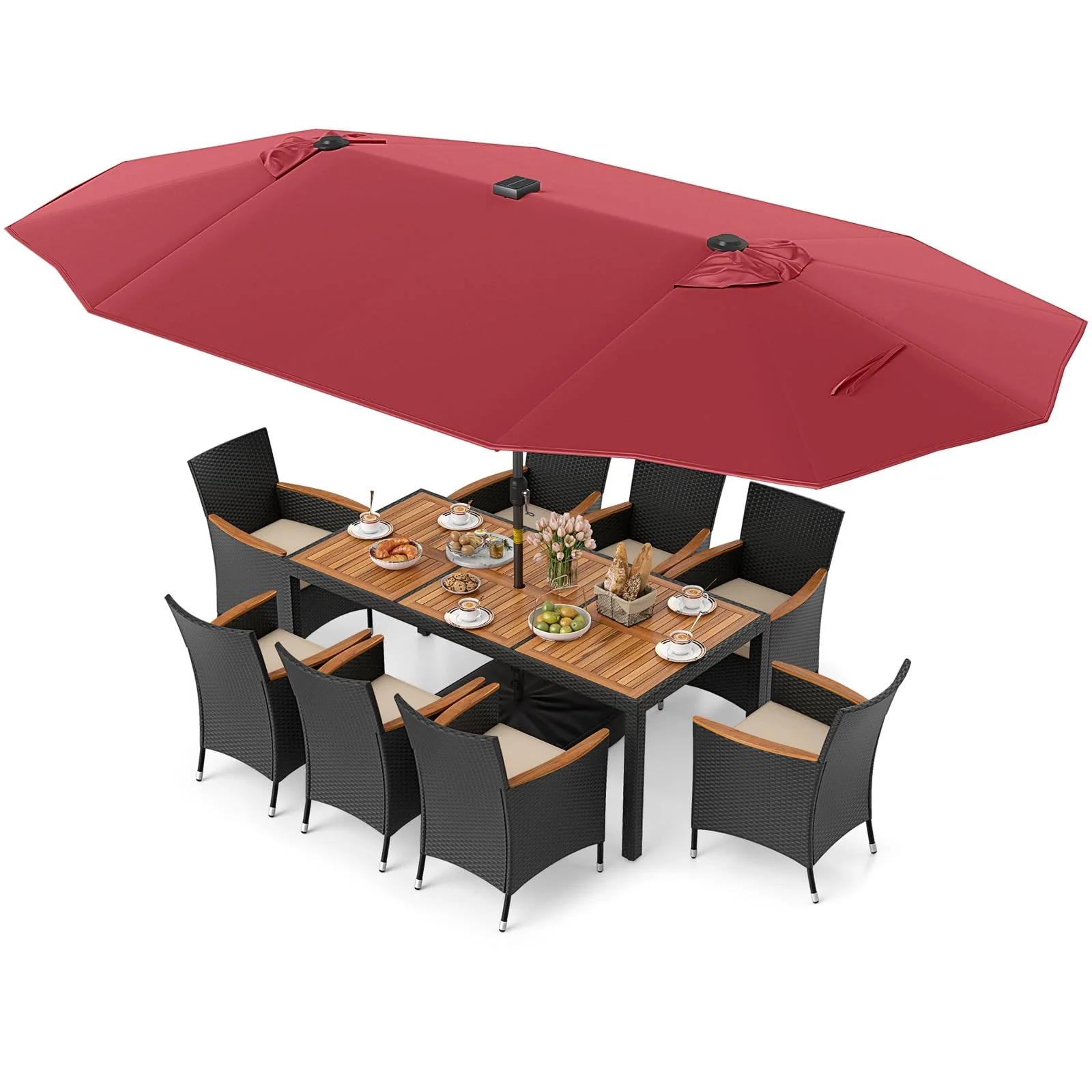 Tangkula 11 Pieces Patio Dining Set with Double-Sided Led Patio Umbrella (Base Included) - Image 11