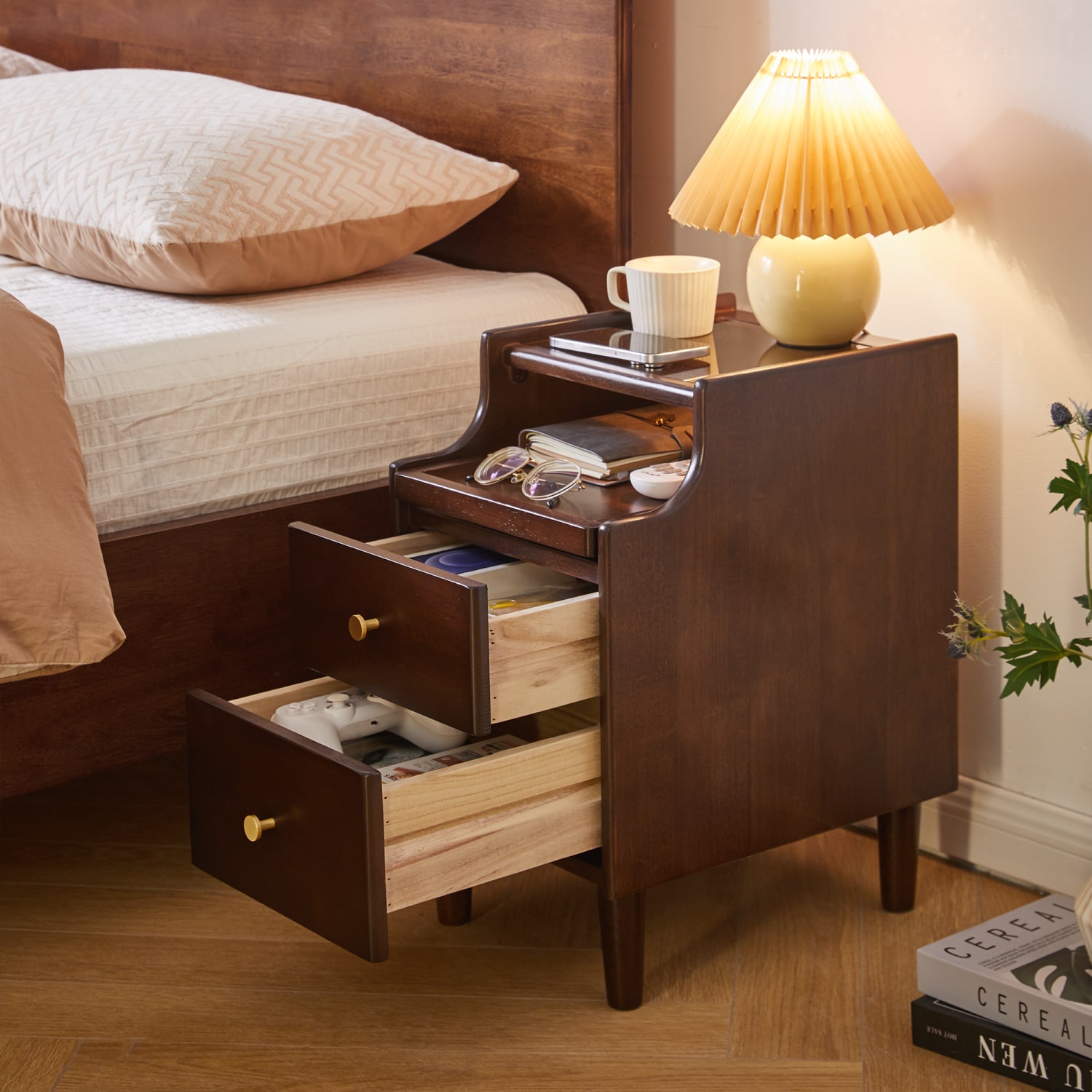 Dimakai Brown Rubberwood 2 -Drawer 11.8-in W x 19.88-in H Midcentury Nightstand - Image 2