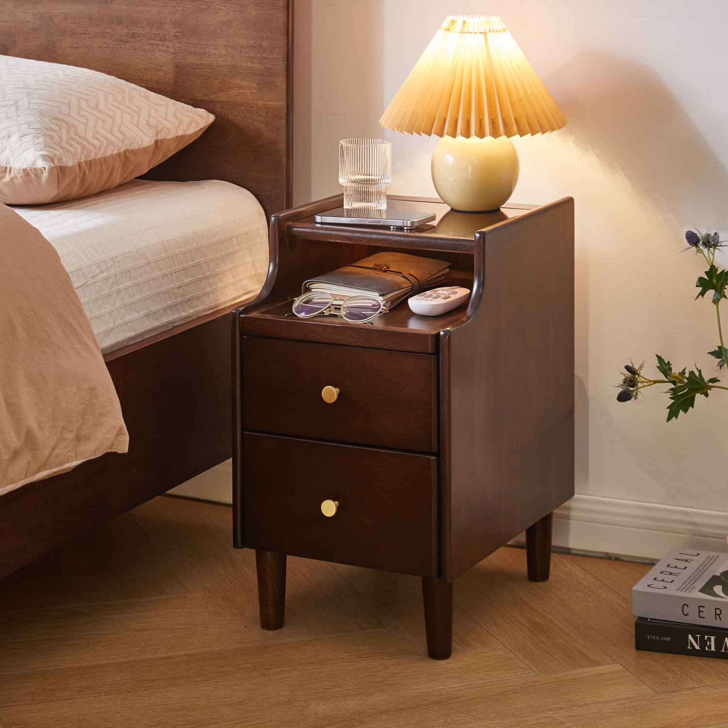 Dimakai Brown Rubberwood 2 -Drawer 11.8-in W x 19.88-in H Midcentury Nightstand