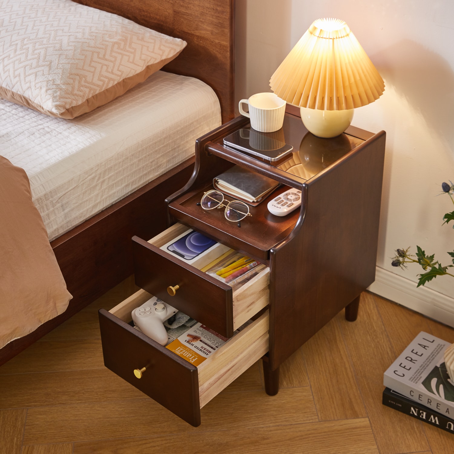 Dimakai Brown Rubberwood 2 -Drawer 11.8-in W x 19.88-in H Midcentury Nightstand - Image 3