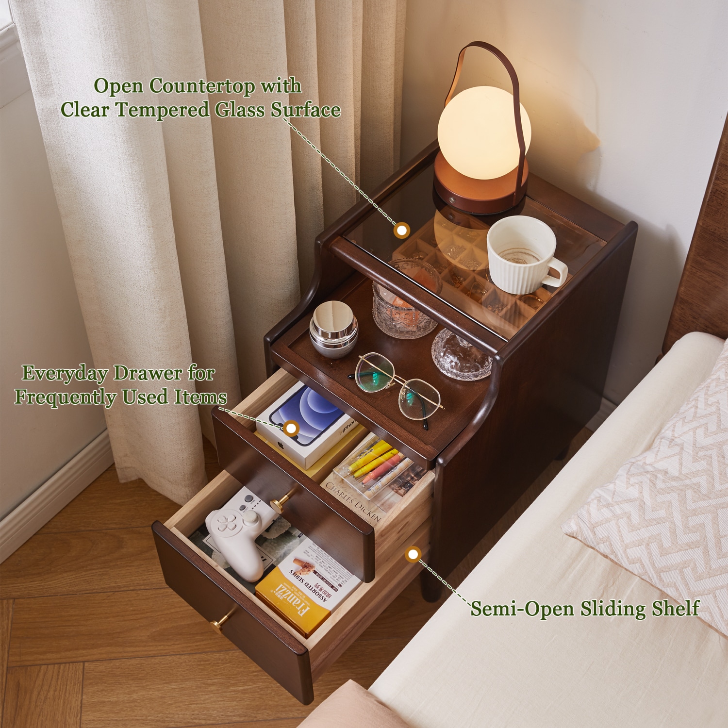 Dimakai Brown Rubberwood 2 -Drawer 11.8-in W x 19.88-in H Midcentury Nightstand - Image 11