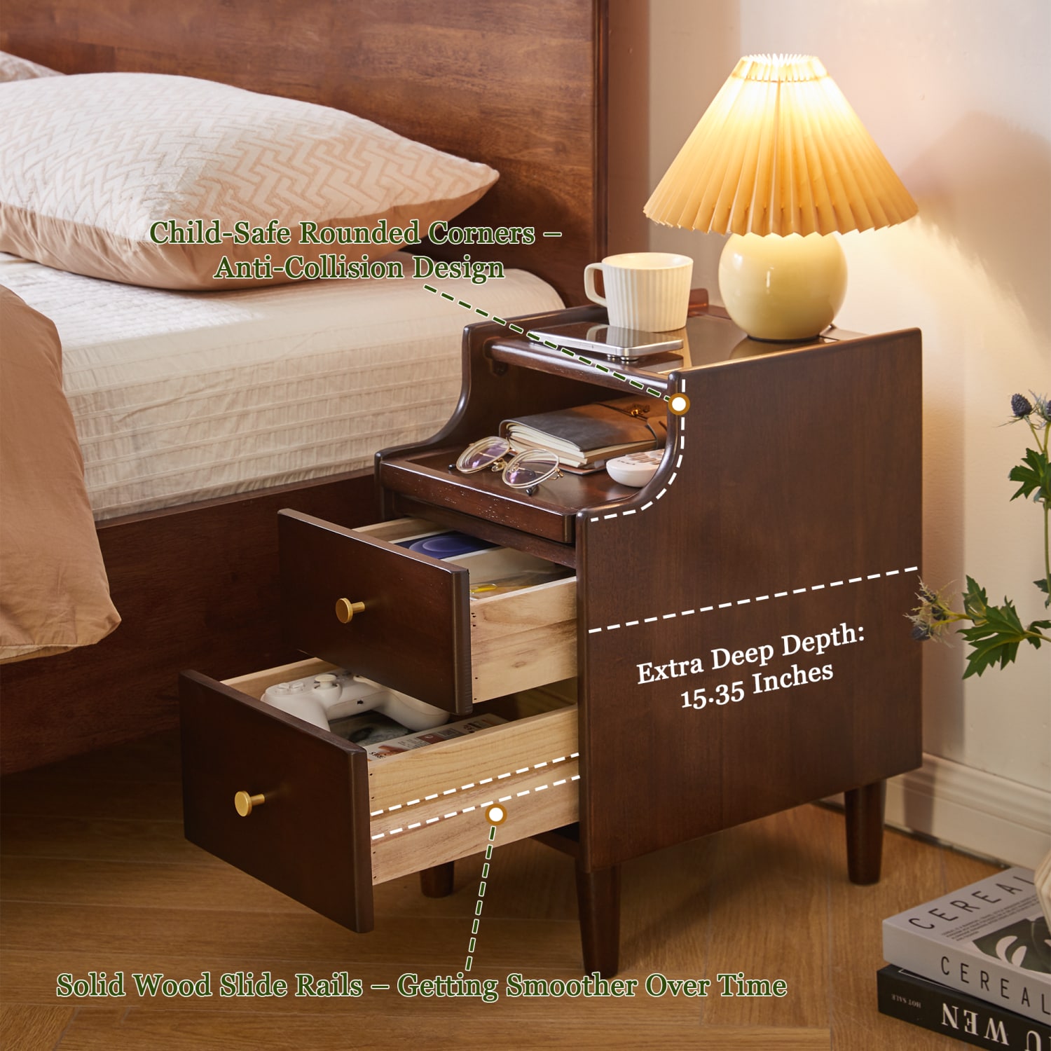 Dimakai Brown Rubberwood 2 -Drawer 11.8-in W x 19.88-in H Midcentury Nightstand - Image 12