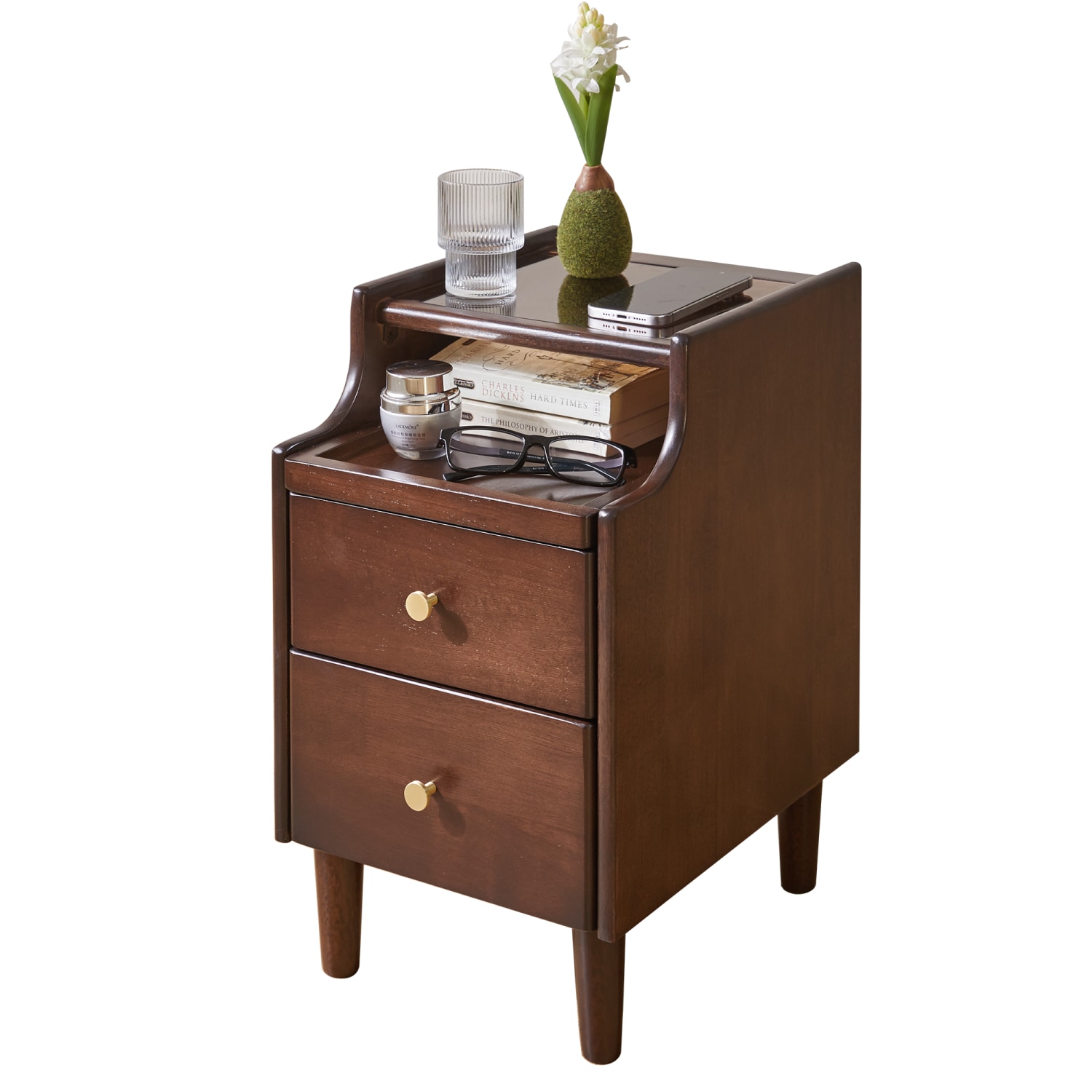 Dimakai Brown Rubberwood 2 -Drawer 11.8-in W x 19.88-in H Midcentury Nightstand - Image 5