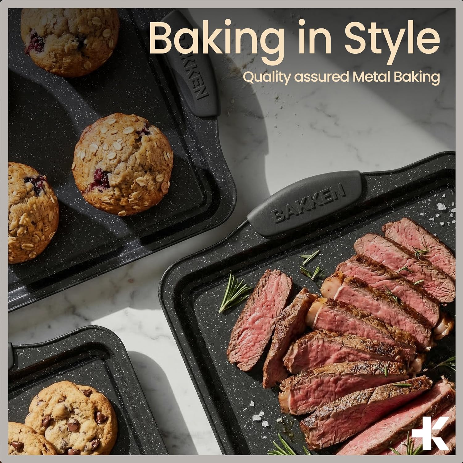 Bakken Swiss 8 Piece Bakeware Set Nonstick Carbon Steel Baking Pans with Red Silicone Handles Oven Safe 450F Includes Cookie Sheets Muffin Pan Loaf Pan Round Cake Pan Square Pan Roasting Pan PFOA PFOS PTFE Free - Image 7
