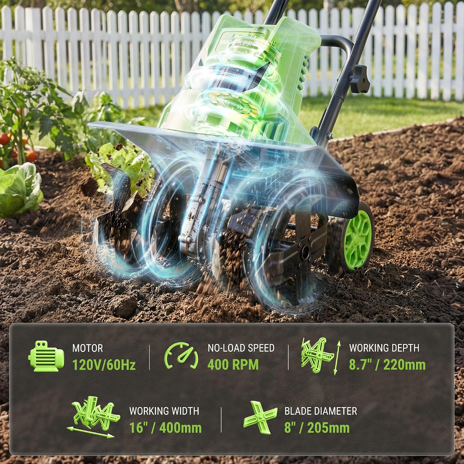 WORKPRO Corded Electric Garden Tiller & Cultivator, 16" Tilling Width & 8.7" Depth, 12.5A Corded Rototiller, 6 Steel Tines, 4-Position Adjustable Wheels, for Garden, Lawn & Flower Beds - Image 3