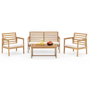 Tangkula 4 Piece Wood Patio Conversation Set, Patio Furniture Set w/Seat Cushions