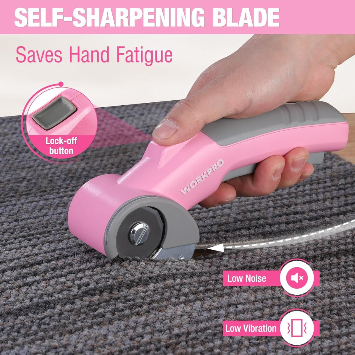 WORKPRO 4V Cordless Electric Scissors/Rotary Cutter with Storage Case - Pink Ribbon - Image 2