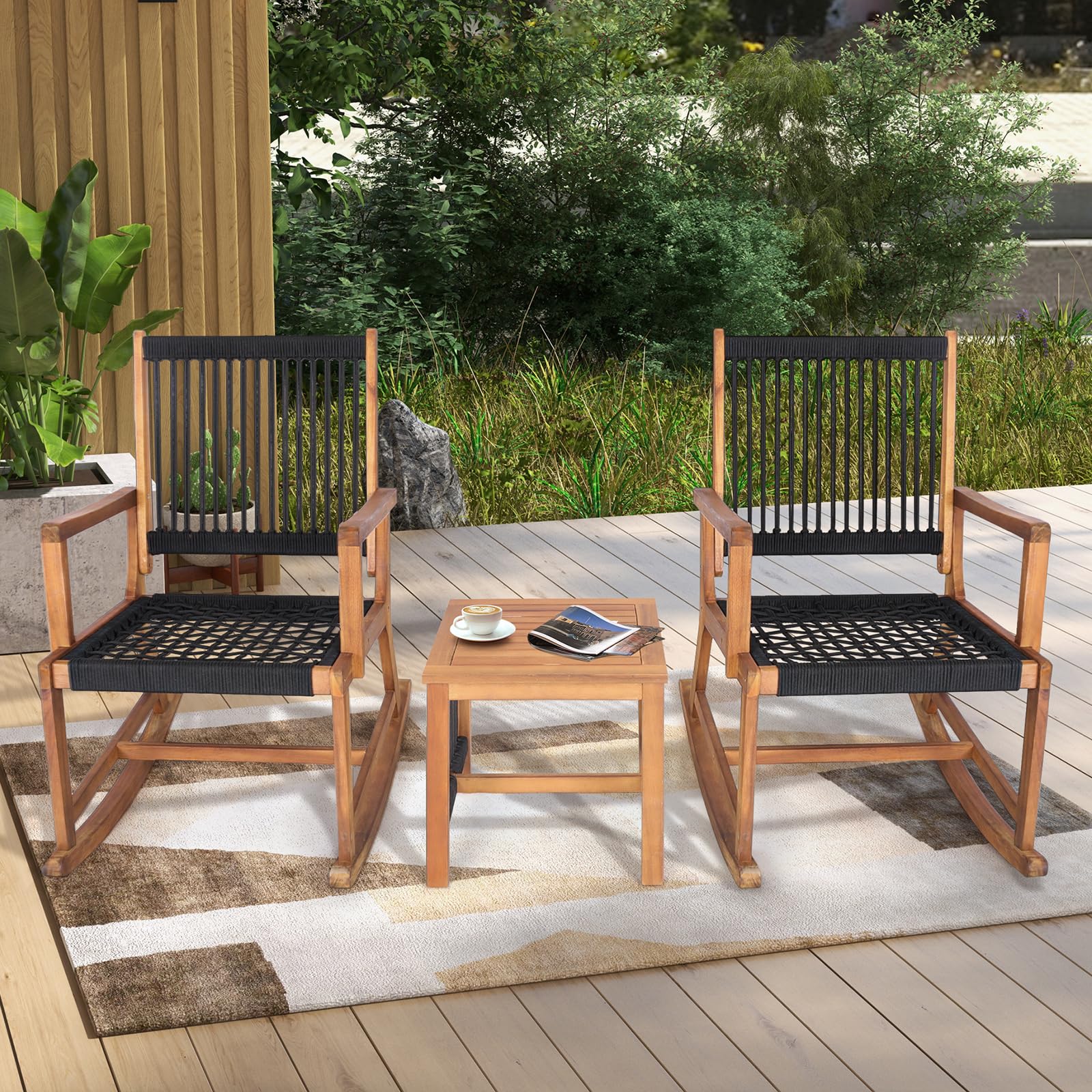 Tangkula 3 Pieces Acacia Wood Rocking Bistro Set, All-Weather Rope Woven Patio Furniture Set with Coffee Table - Image 2