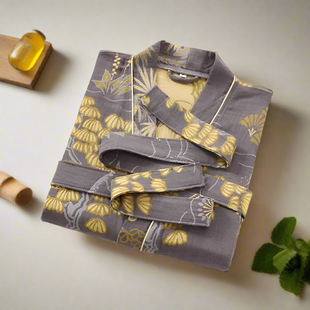 Bathrobe Cotton Gauze Gold Floral Waist Tie - Image 4
