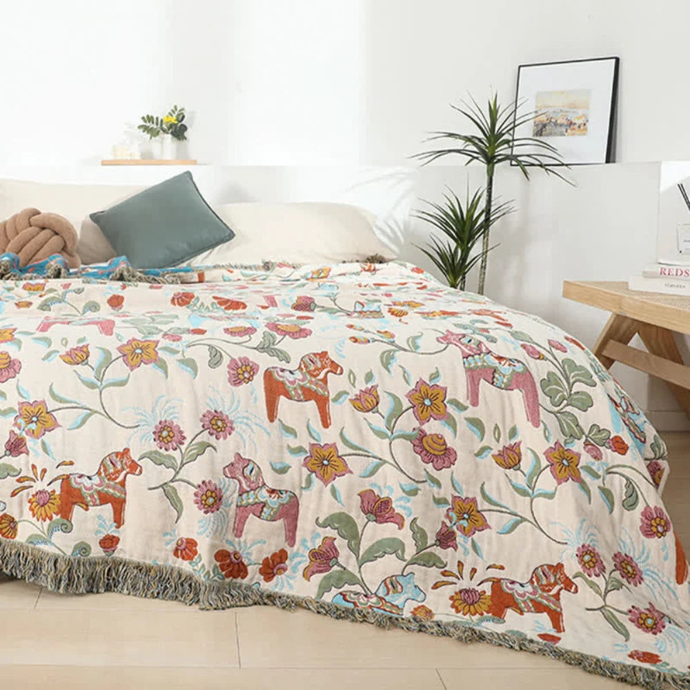 Cotton Blanket Reversible Bohemian Floral Tassel Trim - Image 3