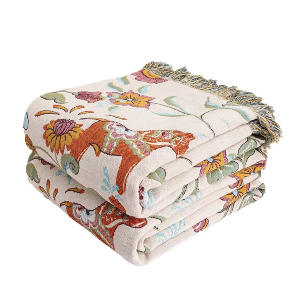 Cotton Blanket Reversible Bohemian Floral Tassel Trim - Image 4