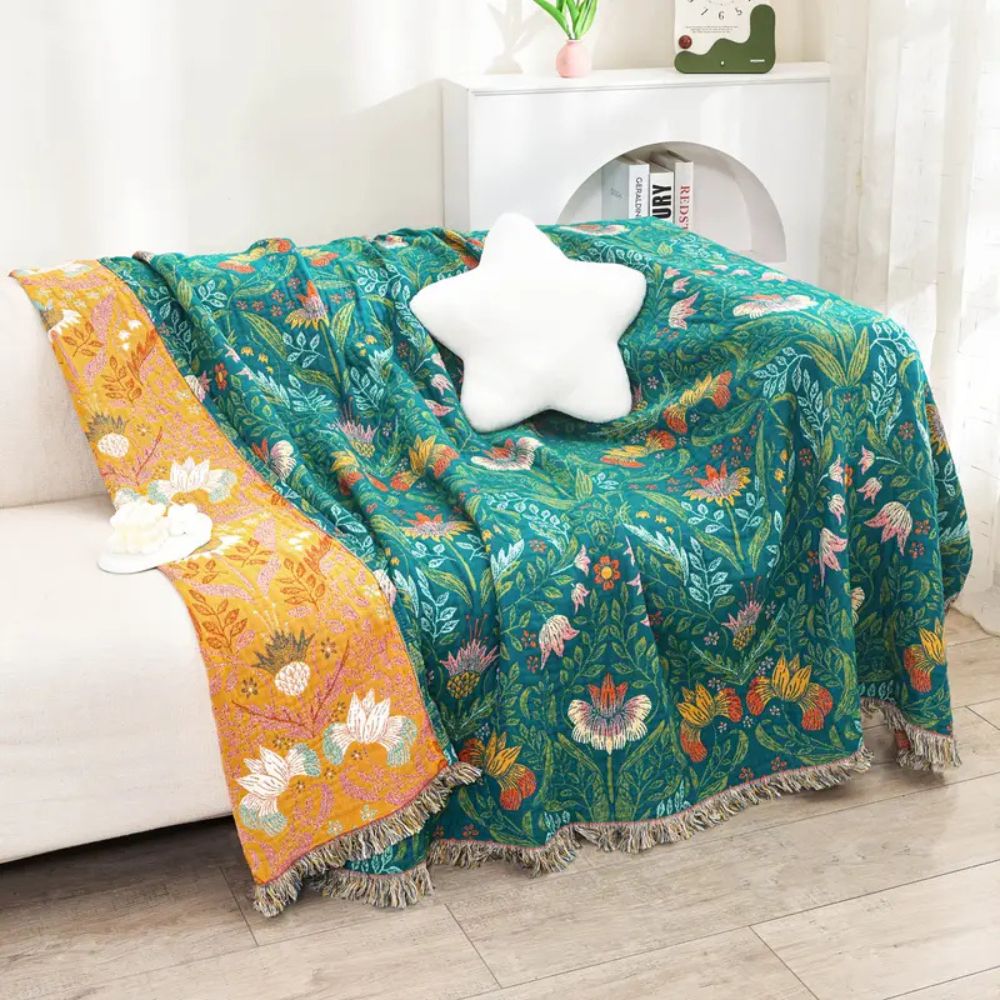 Cotton Blanket Reversible Botanical Design & Tassel Edges - Image 2