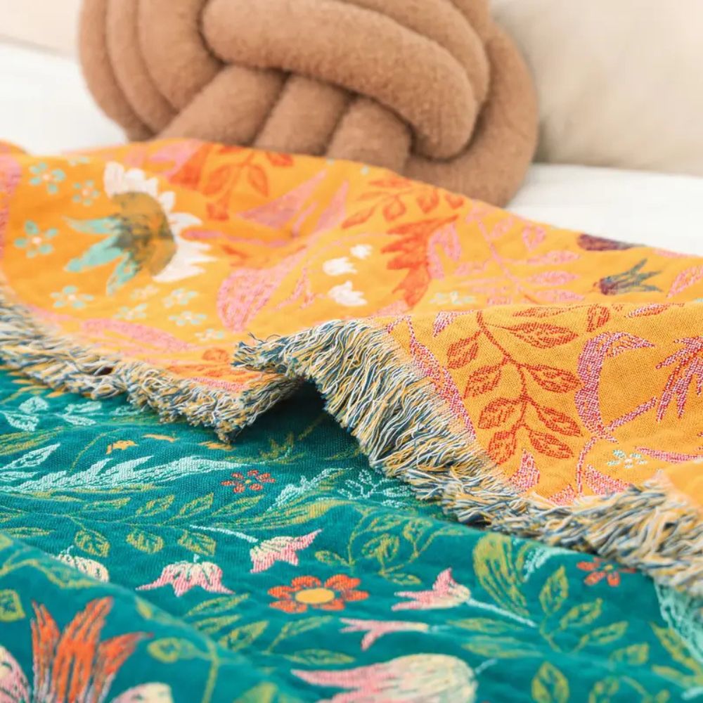 Cotton Blanket Reversible Botanical Design & Tassel Edges - Image 3
