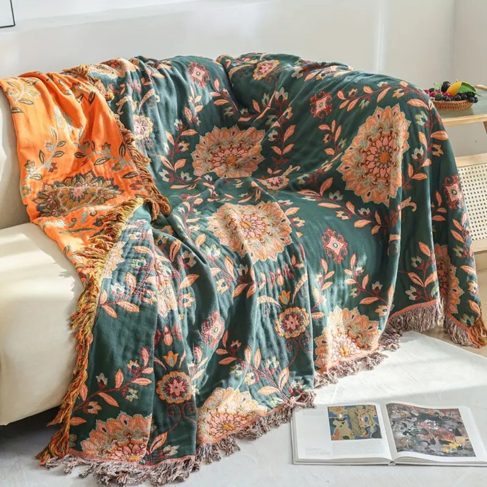 Cotton Blanket Reversible Floral Lightweight Fringe - Image 2