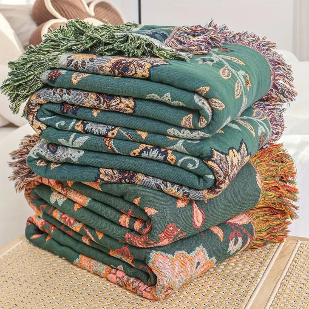Cotton Blanket Reversible Floral Lightweight Fringe - Image 3