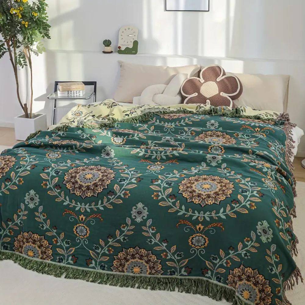 Cotton Blanket Reversible Floral Lightweight Fringe - Image 6