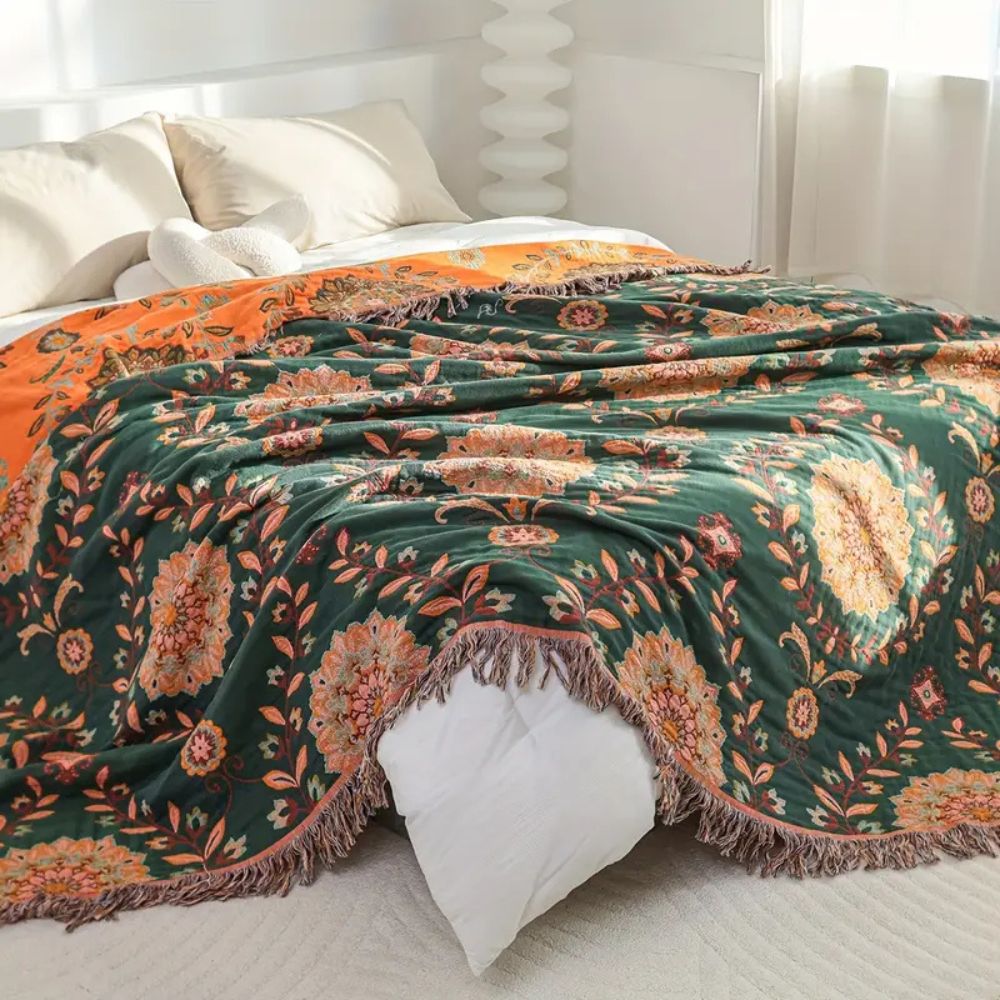 Cotton Blanket Reversible Floral Lightweight Fringe - Image 7