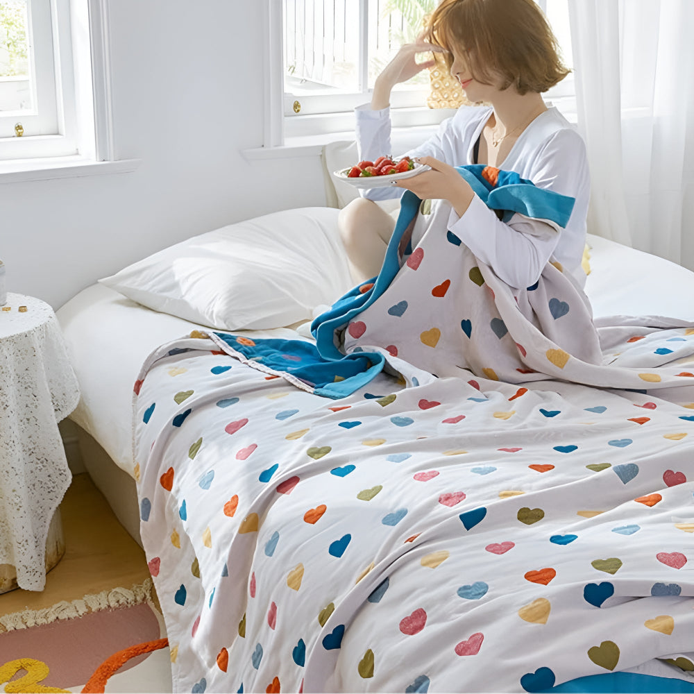 Cotton Blanket Reversible Heart Print Lightweight & Breathable - Image 2