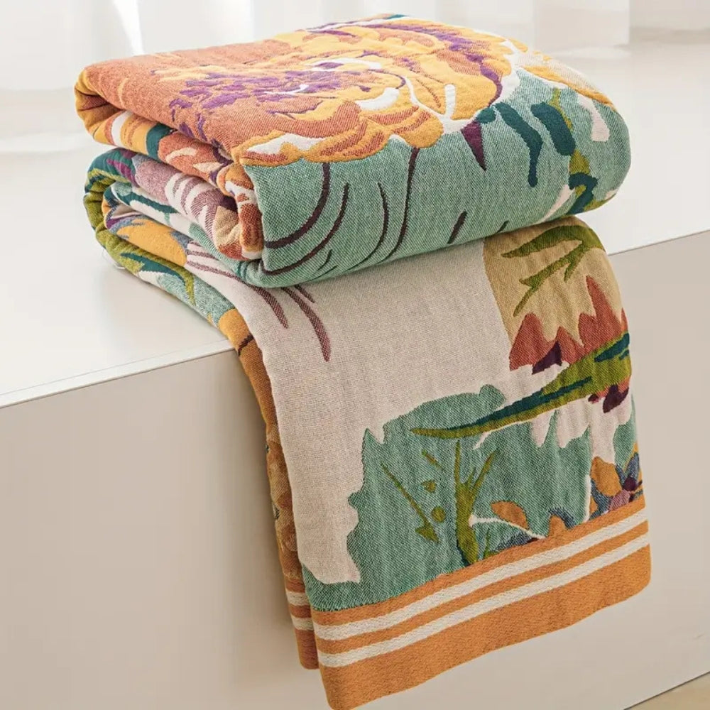 Cotton Blanket Reversible Jacquard Floral Machine Washable - Image 3