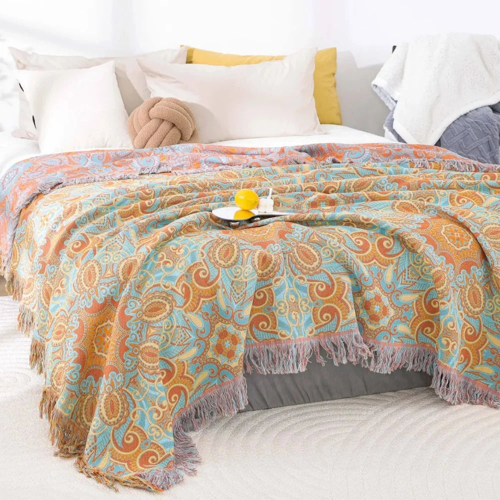 Cotton Blanket Reversible Paisley Tassel Trim All-Season - Image 2