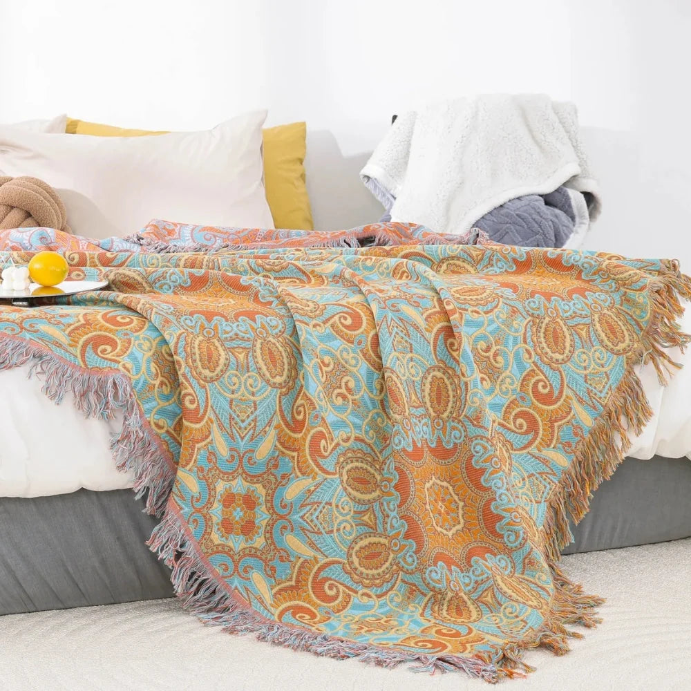 Cotton Blanket Reversible Paisley Tassel Trim All-Season - Image 3