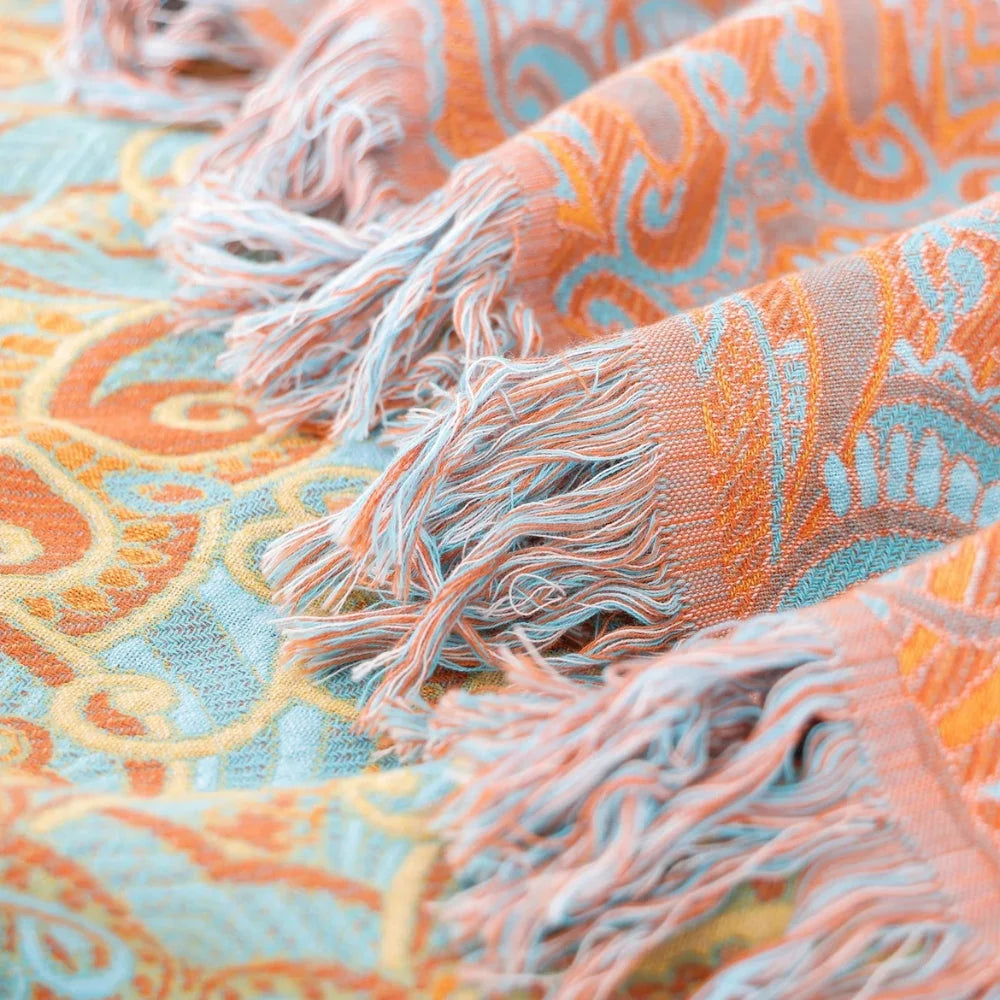 Cotton Blanket Reversible Paisley Tassel Trim All-Season - Image 6
