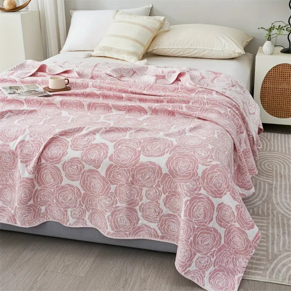 Cotton Blanket Rose Jacquard Lightweight Gauze Machine Washable - Image 2