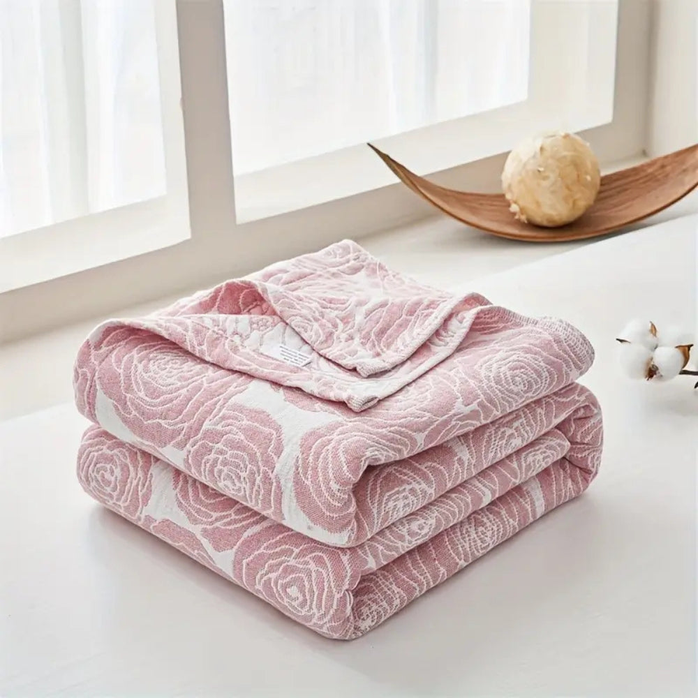 Cotton Blanket Rose Jacquard Lightweight Gauze Machine Washable - Image 4