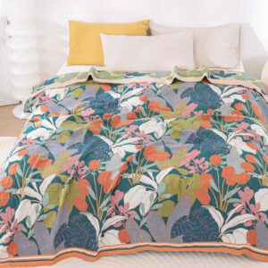 Cotton Gauze Blanket Botanical Print All-Season Machine Washable
