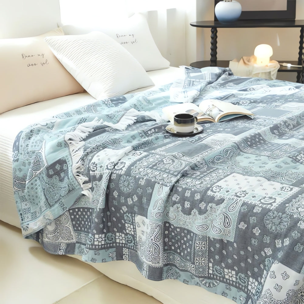 Cotton Gauze Blanket Lightweight Breathable Mosaic Pattern & Tassels - Image 2