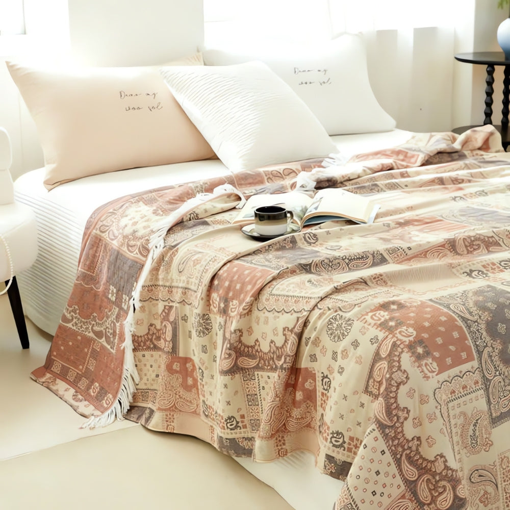 Cotton Gauze Blanket Lightweight Breathable Mosaic Pattern & Tassels - Image 3