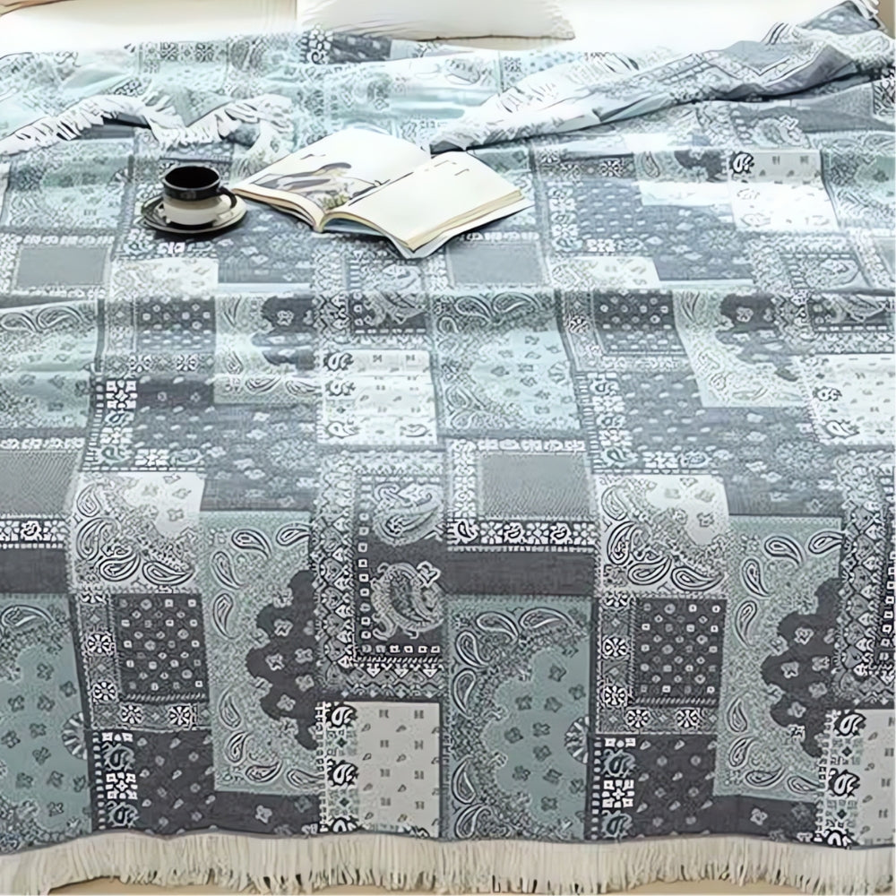Cotton Gauze Blanket Lightweight Breathable Mosaic Pattern & Tassels - Image 4