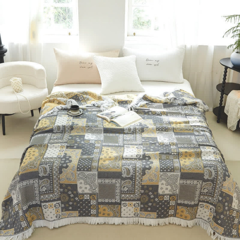 Cotton Gauze Blanket Lightweight Breathable Mosaic Pattern & Tassels - Image 5