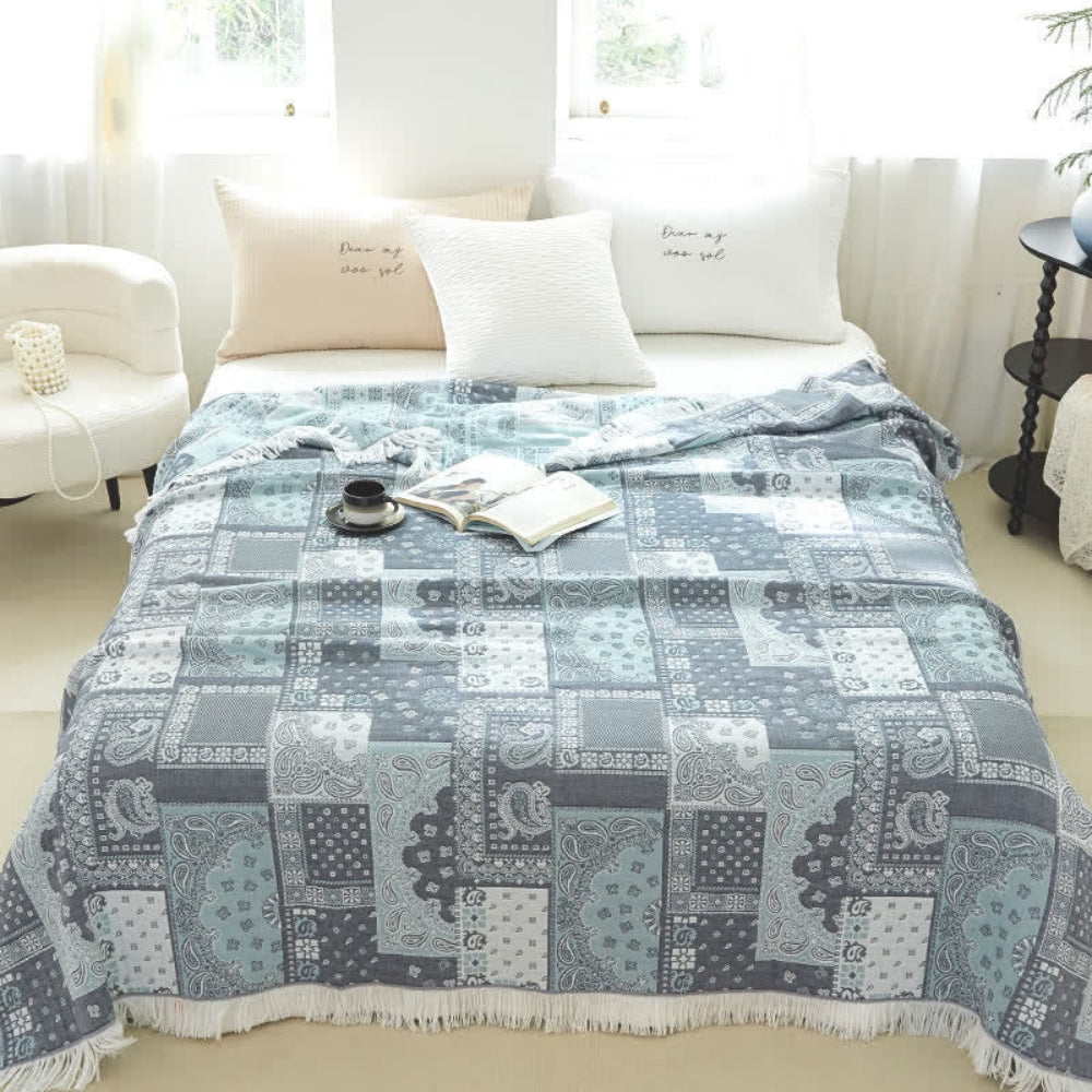 Cotton Gauze Blanket Lightweight Breathable Mosaic Pattern & Tassels - Image 6