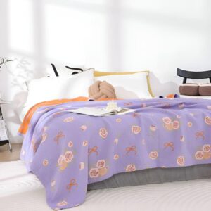Cotton Gauze Blanket Lightweight Reversible Bow-Knot & Rose Motifs