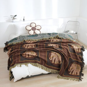 Cotton Throw Blanket Lightweight Boho Elephant Print & Tassels
