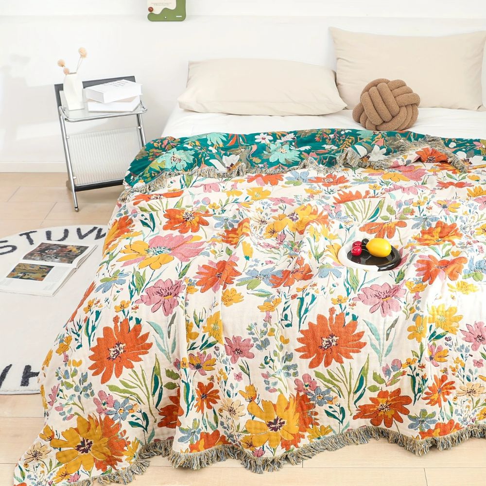 Cotton Throw Blanket Lightweight Breathable Multicolored Floral - Image 2