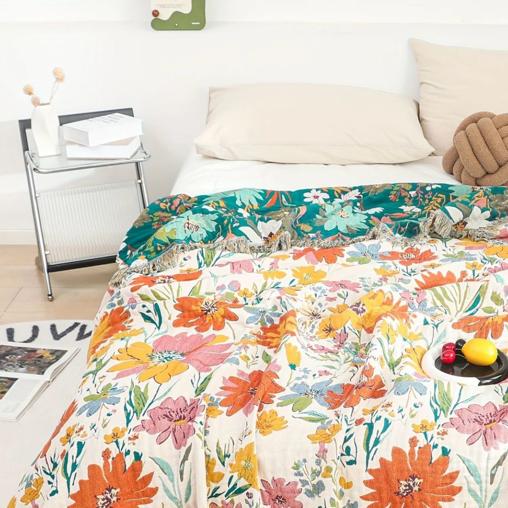 Cotton Throw Blanket Lightweight Breathable Multicolored Floral - Image 4