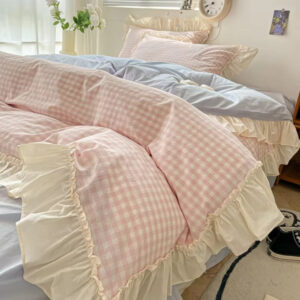 Duvet Cover Set Cotton Blend Gingham Ruffled Edges