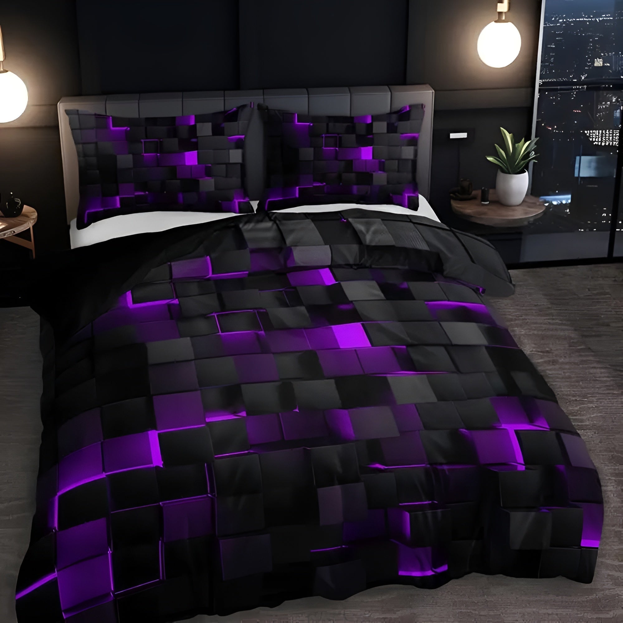 Duvet Cover Set Microfiber Cotton Neon 3D Grid - Image 2