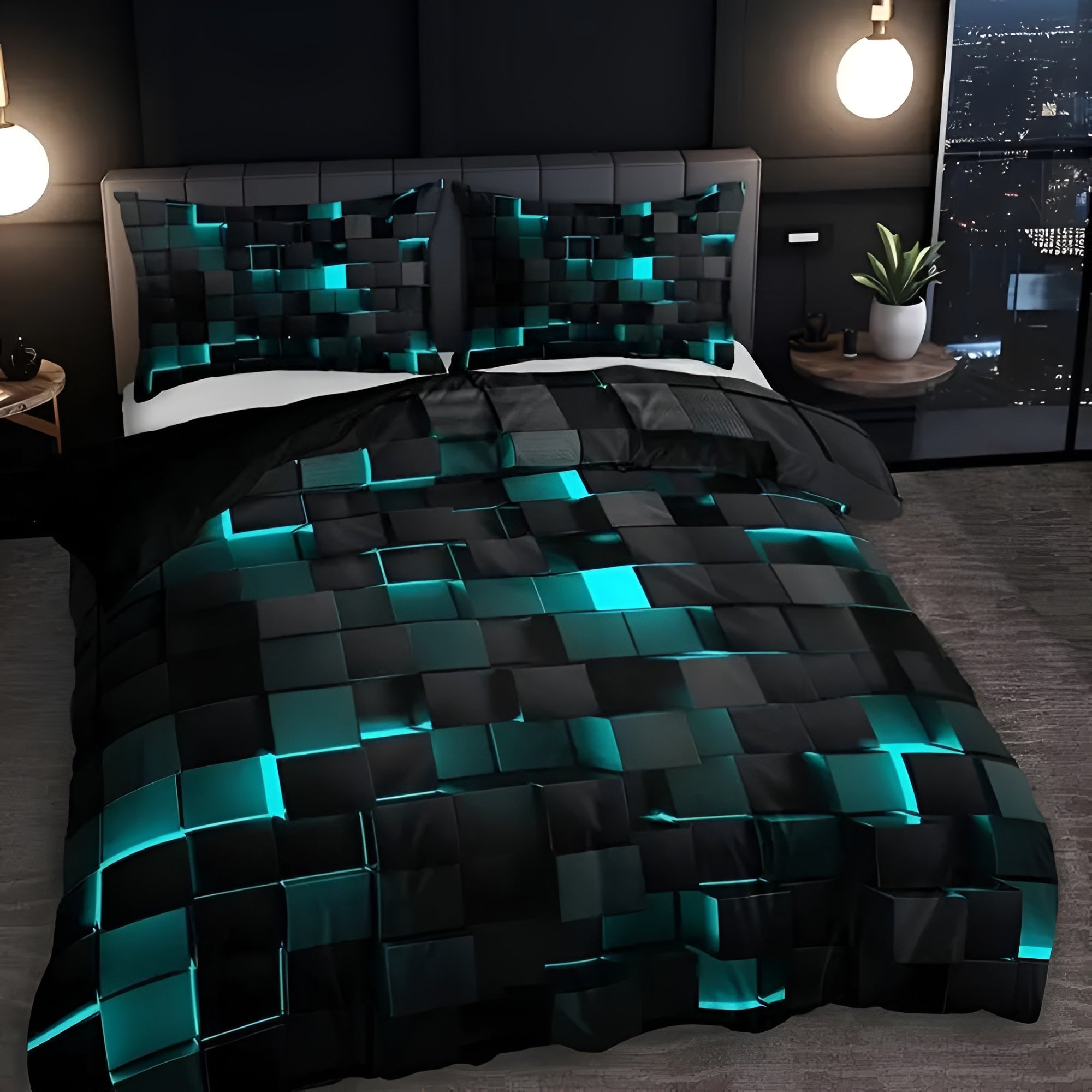 Duvet Cover Set Microfiber Cotton Neon 3D Grid - Image 3