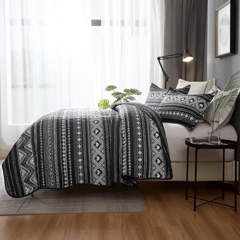 Duvet Cover Set Reversible Monochrome Geometric Microfiber - Image 2