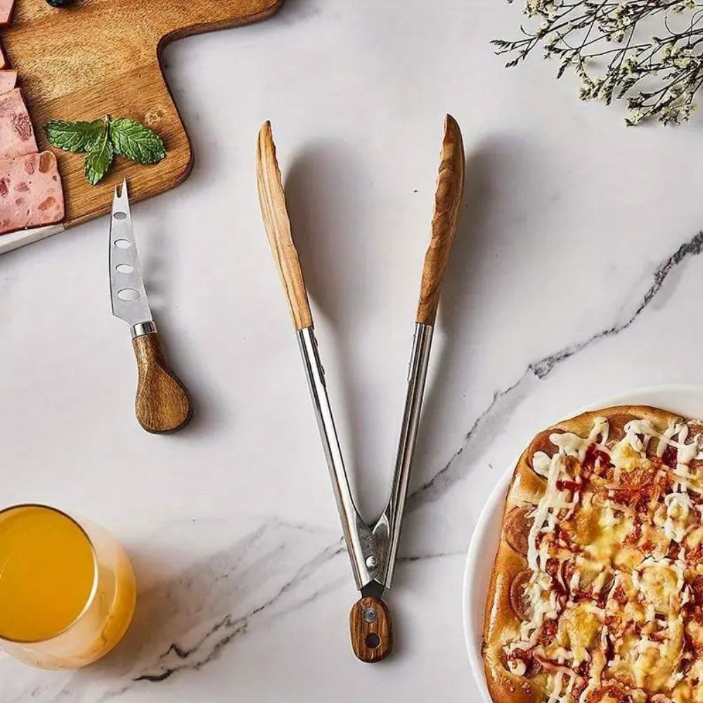 Kitchen Tongs Stainless Steel Wood Handle Set of 2 - Image 2