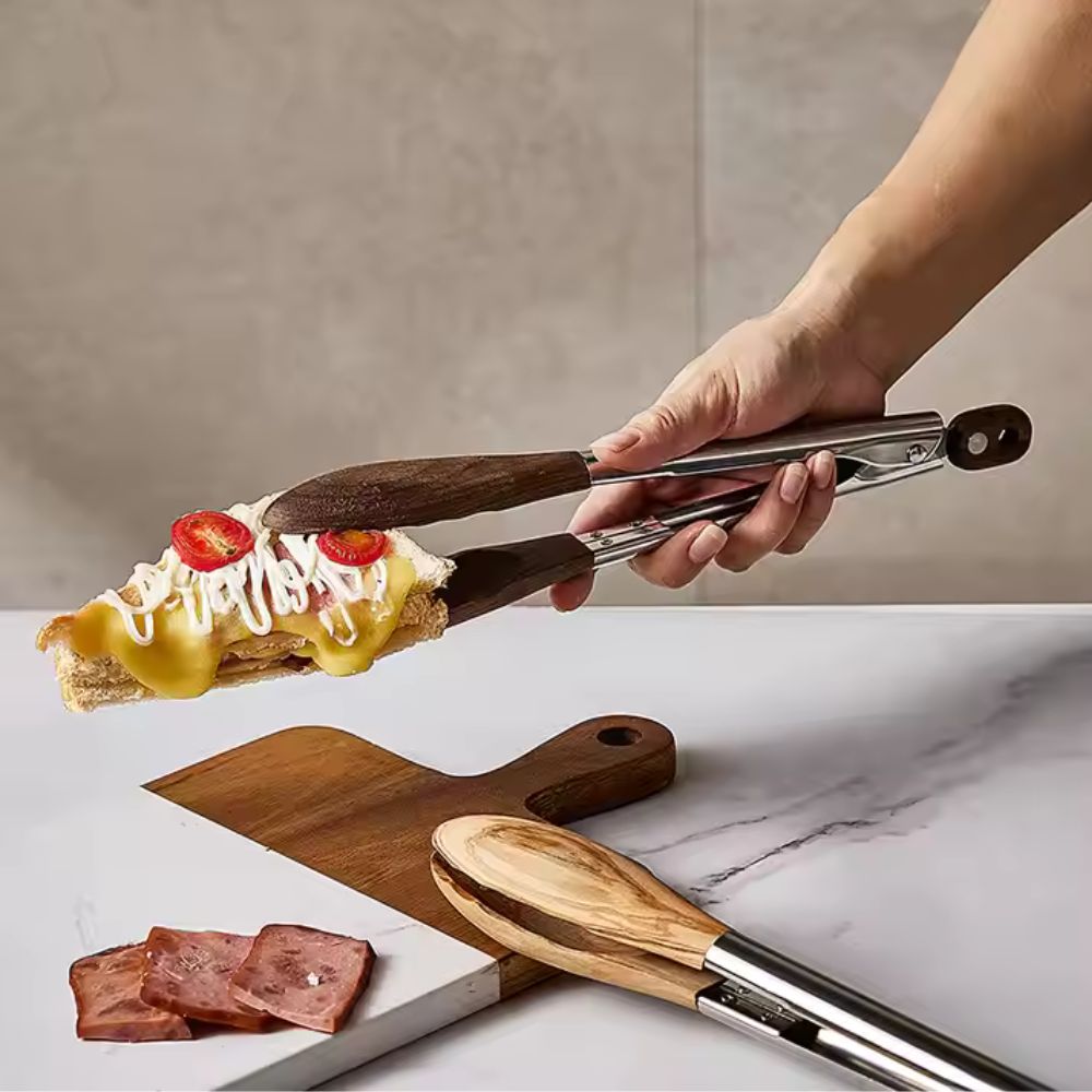 Kitchen Tongs Stainless Steel Wood Handle Set of 2 - Image 5