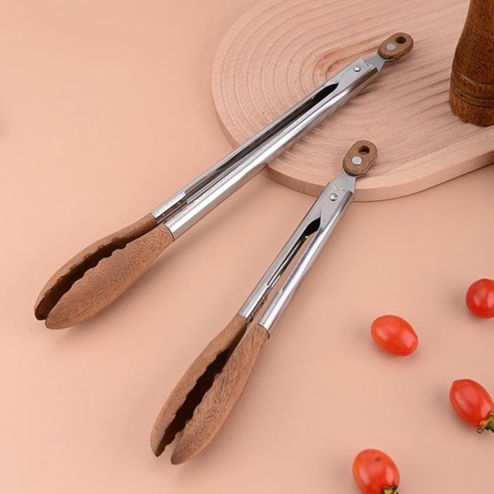 Kitchen Tongs Stainless Steel Wood Handle Set of 2 - Image 6
