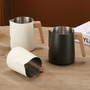 Milk Frothing Pitcher Stainless Steel Wood-Effect Handle Internal Scale