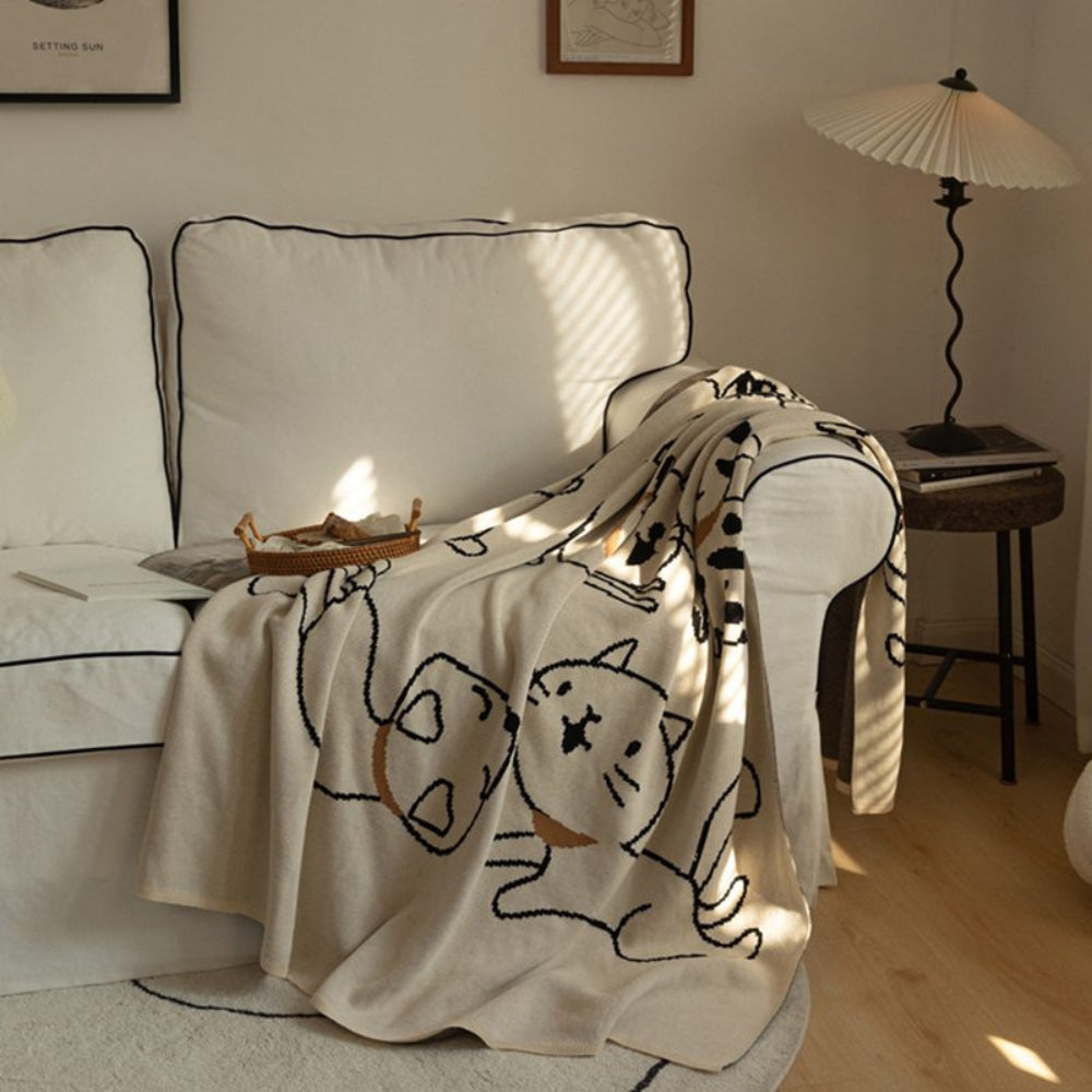 Nap Blanket 100% Cotton Jacquard Cat Pattern - Image 3
