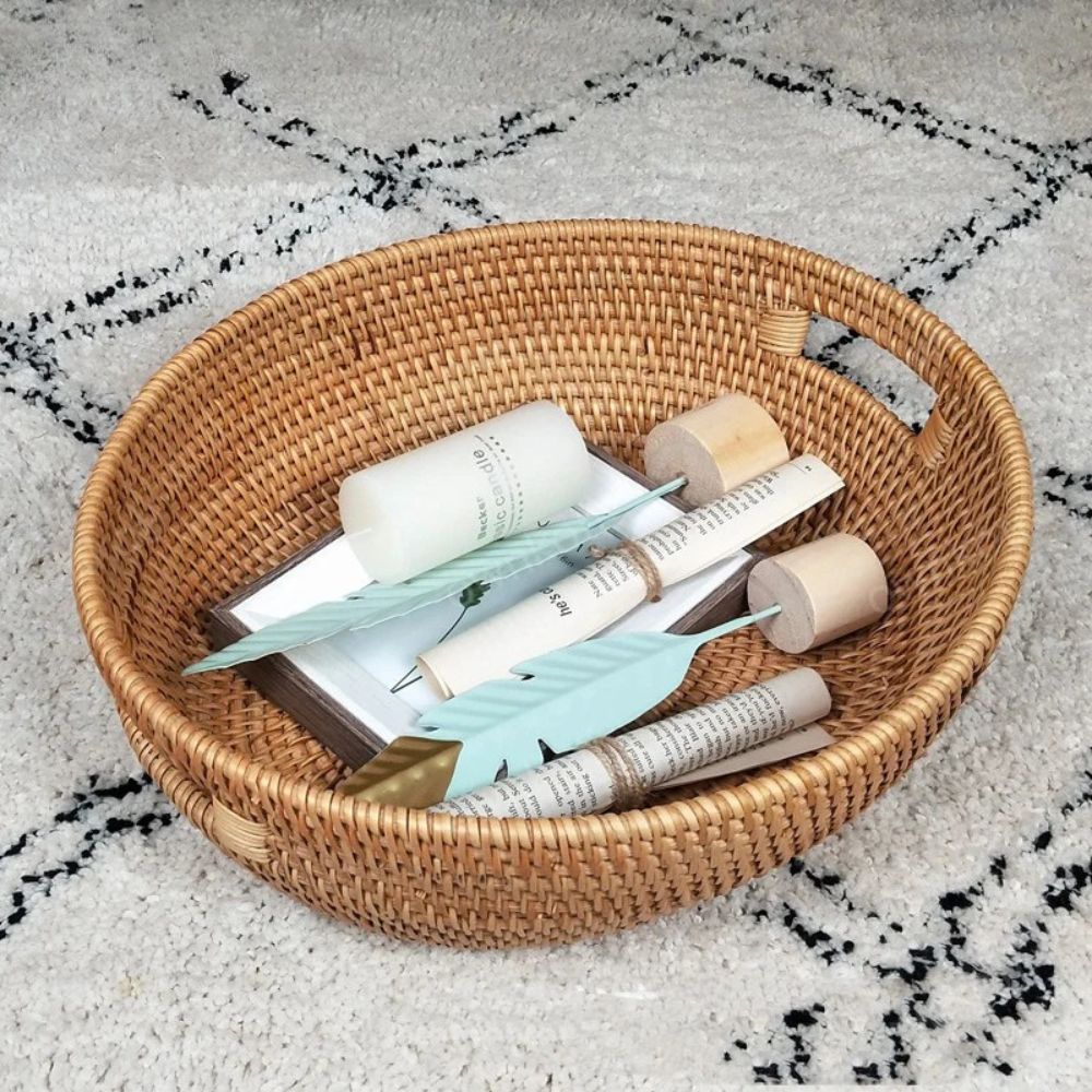 Oval Serving Tray Handwoven Rattan Built-In Handles - Image 3