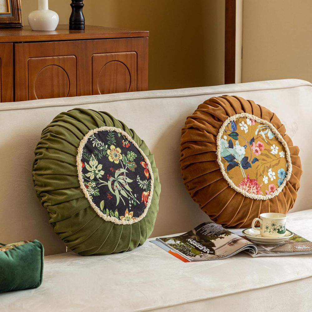 Round Cushion Retro Floral Microfiber Zip-Off Cover - Image 3