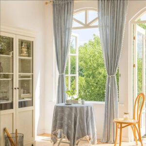 Sheer Curtain Light-Filtering Striped Hollow-Out Tassel Trim